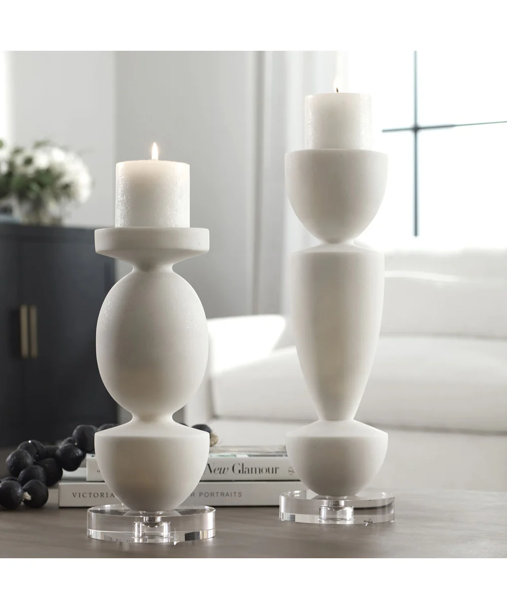 Lido White Stone Candleholders, Set of 2 - Image 2