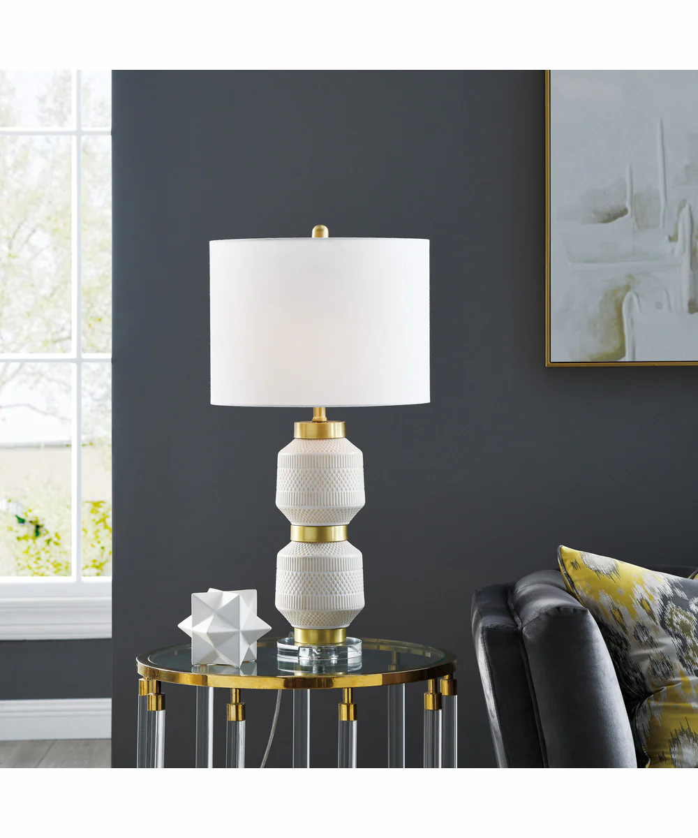 Madelia 1-Light Table Lamp Antique Brass/White Ceramichrome/ White Linen Shade - Image 3