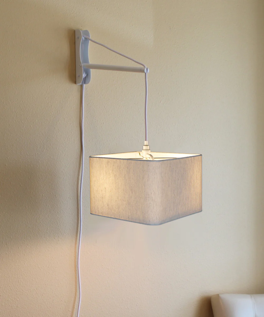 MAST Plug-In Wall Mount Pendant, 2 Light White Cord/Arm with Diffuser, Rounded Corner Square Oatmeal Drum Shade 12"W - Image 2