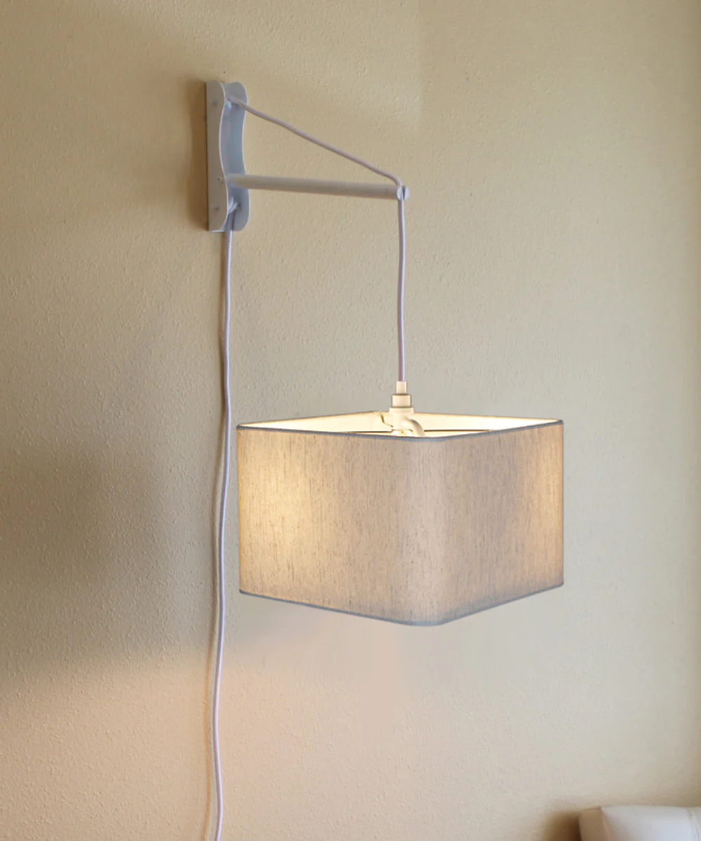 MAST Plug-In Wall Mount Pendant, 2 Light White Cord/Arm with Diffuser, Rounded Corner Square Oatmeal Drum Shade 14"W - Image 2