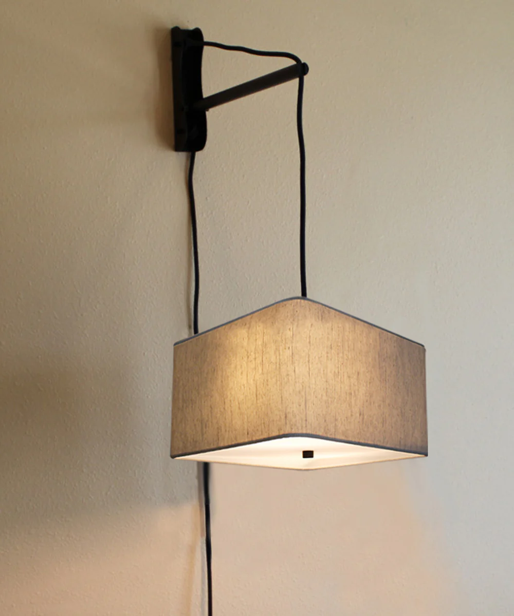 MAST Plug-In Wall Mount Pendant, 2 Light White Cord/Arm with Diffuser, Rounded Corner Square Oatmeal Drum Shade 14"W - Image 2