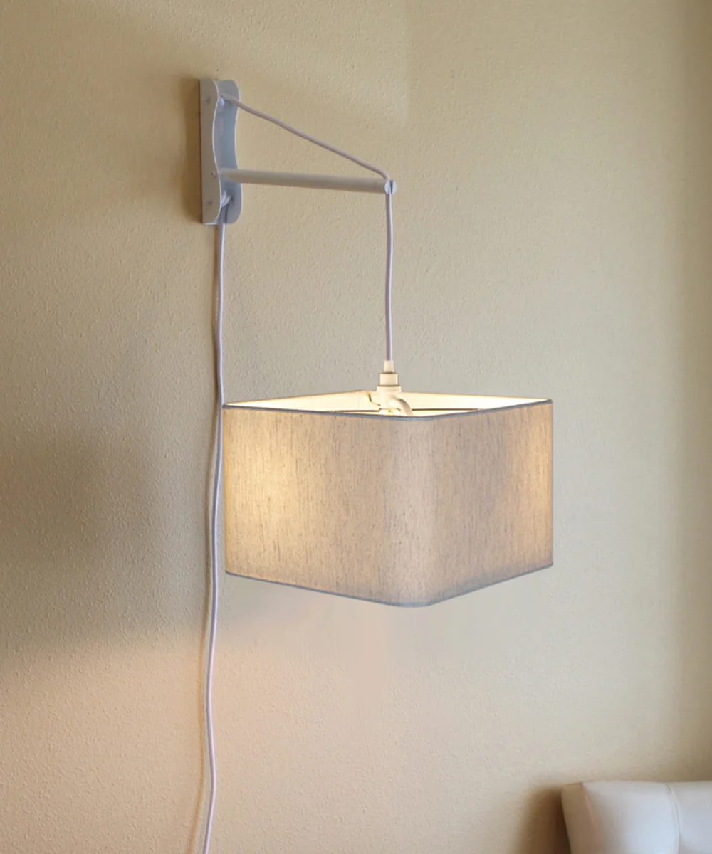 MAST Plug-In Wall Mount Pendant, 2 Light White Cord/Arm with Diffuser, Rounded Corner Square Oatmeal Drum Shade 16"W - Image 2