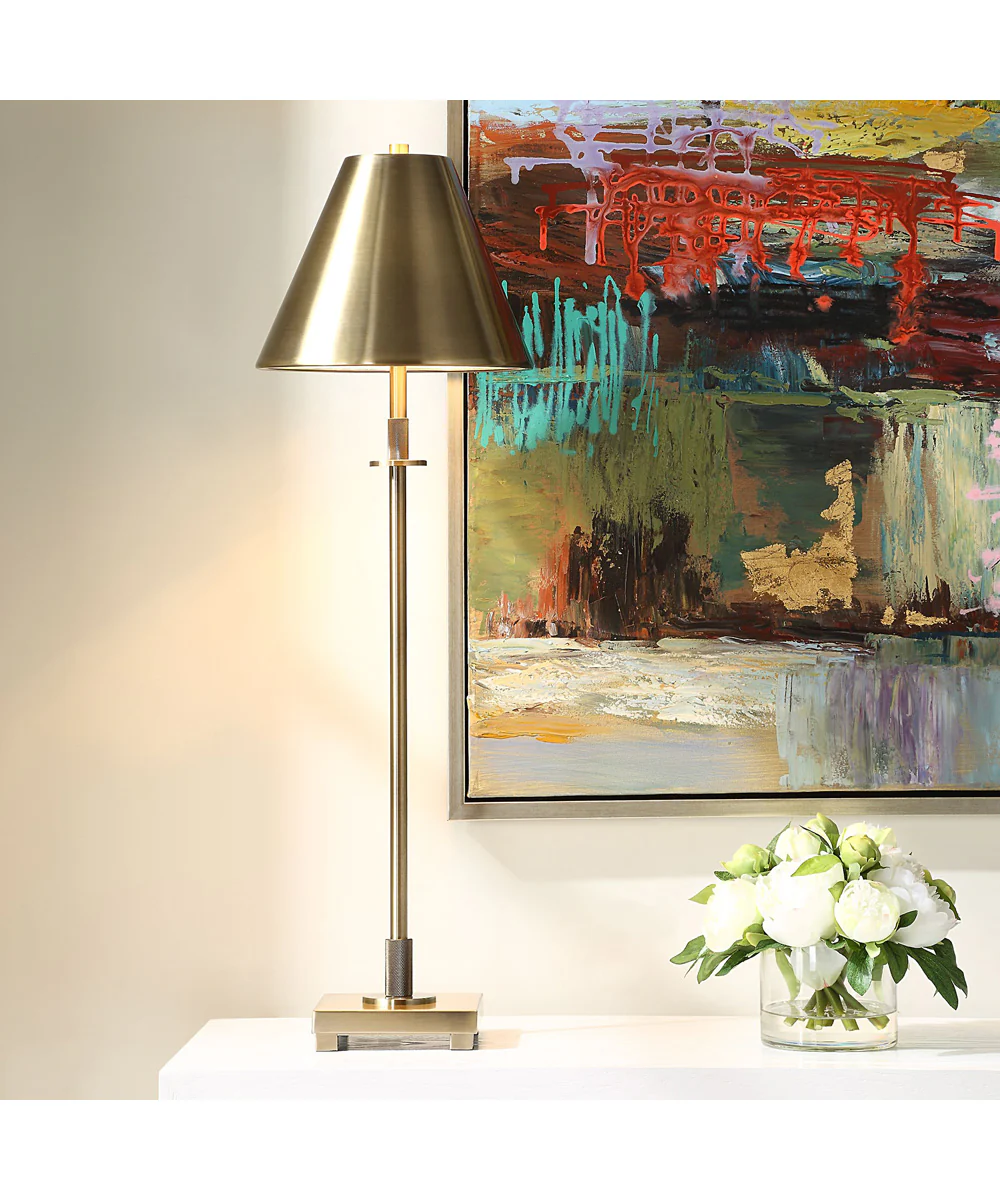 Metal Buffet Lamp in Antique Brass with Tapered Metal Shade - Image 2