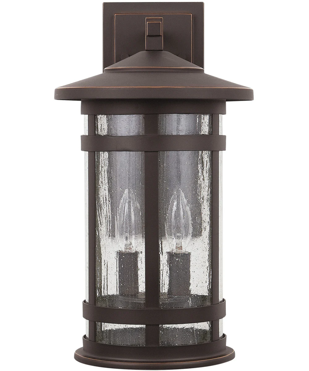 Mission Hills 2-Light Outdoor Wall Mount Rain or Shine - Oiled Bronze with Antiqued Seeded Glass