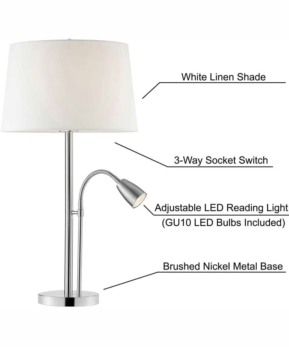 Nanette 1-Light 2 Pack-Table Lamp With Reading Brushed Nickel/White Linen - Image 6