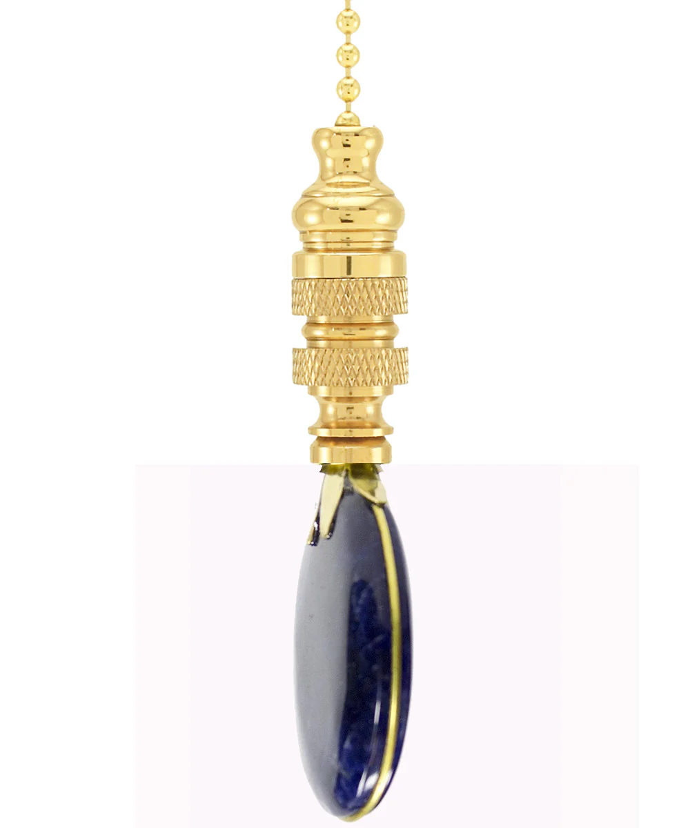 Navy Oval Lapis Ceiling Fan Pull, 2.5"h with 12" Polished Brass Chain - Image 3