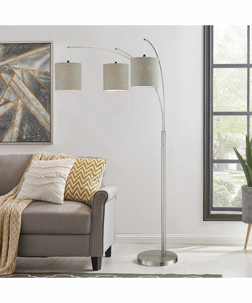 Norlan 3-Light 3-Light Arch Lamp Brushed Nickel/Grey Fabric Shade - Image 3