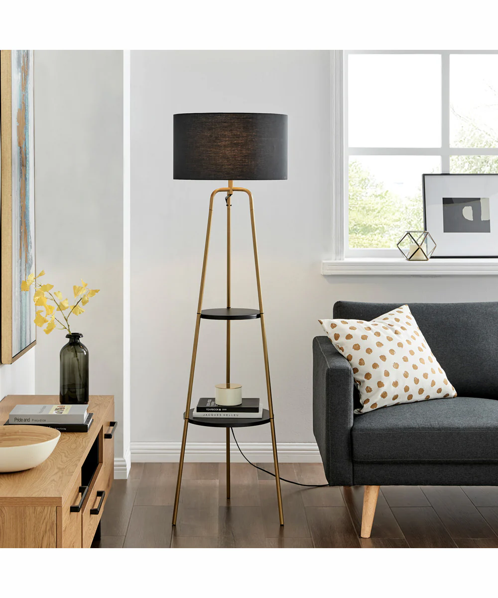 Patterson 1-Light Floor Lamp With Shelves Gold/Black Fabric Shade - Image 3