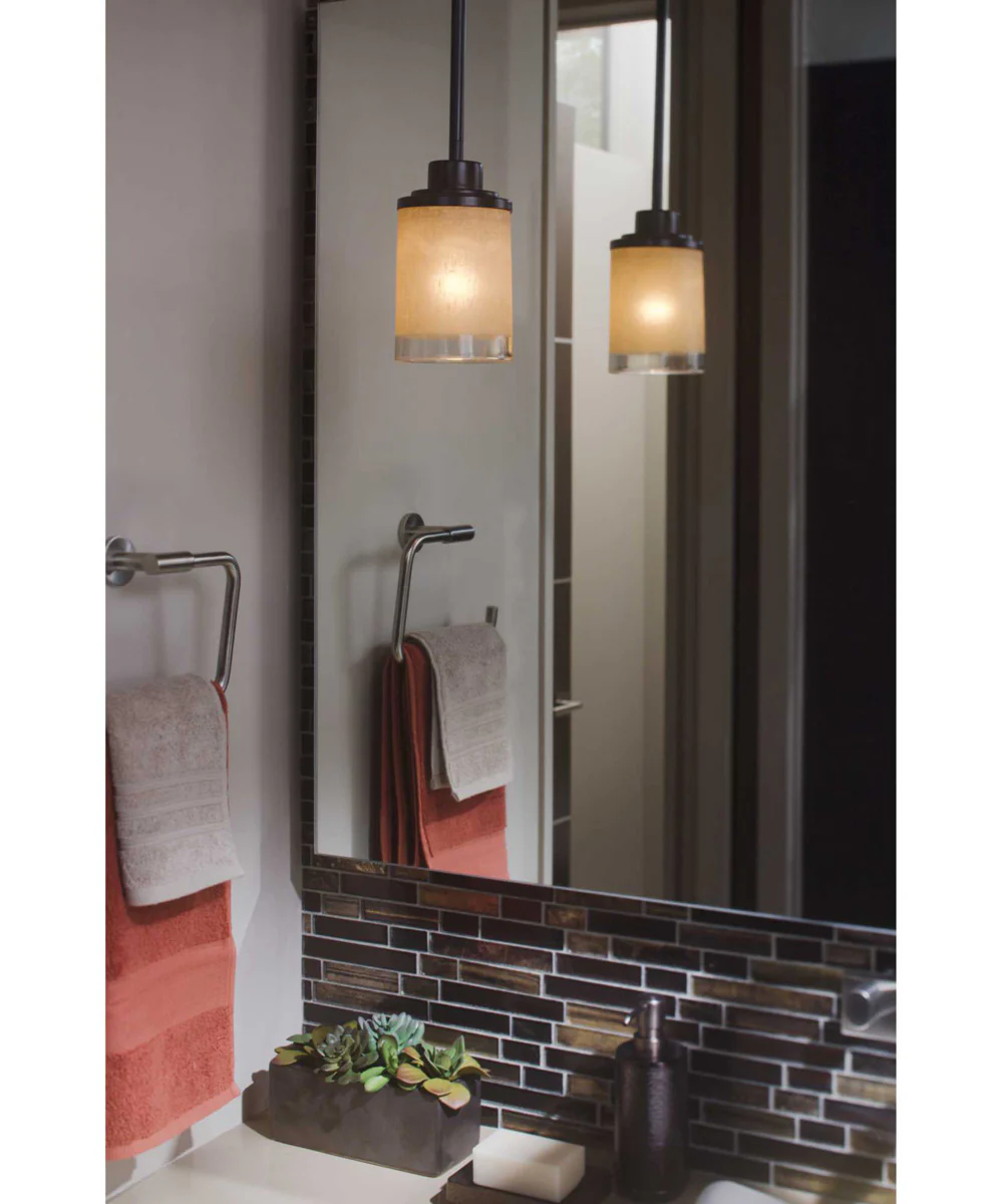 Alexa 1-Light Etched Umber Linen With Clear Edge Glass Modern Mini-Pendant Light Antique Bronze - Image 2