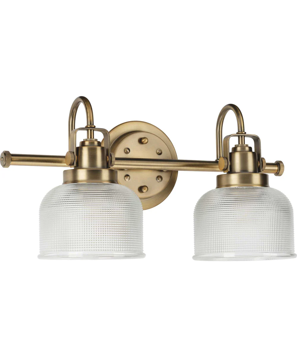 Archie 2-Light Clear Double Prismatic Glass Coastal Bath Vanity Light Vintage Brass