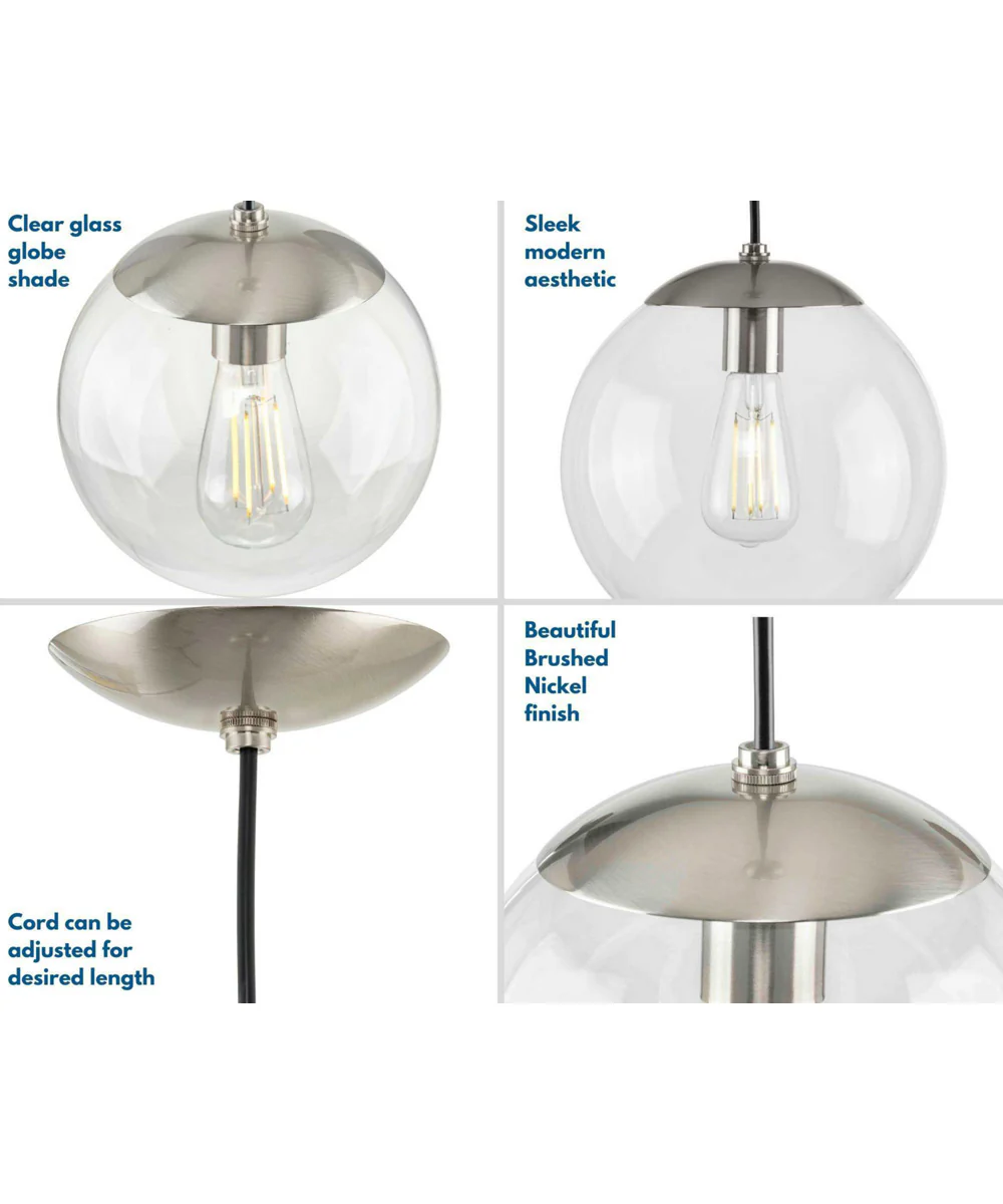 Atwell 12-inch Clear Glass Globe Large Hanging Pendant Light Brushed Nickel - Image 5