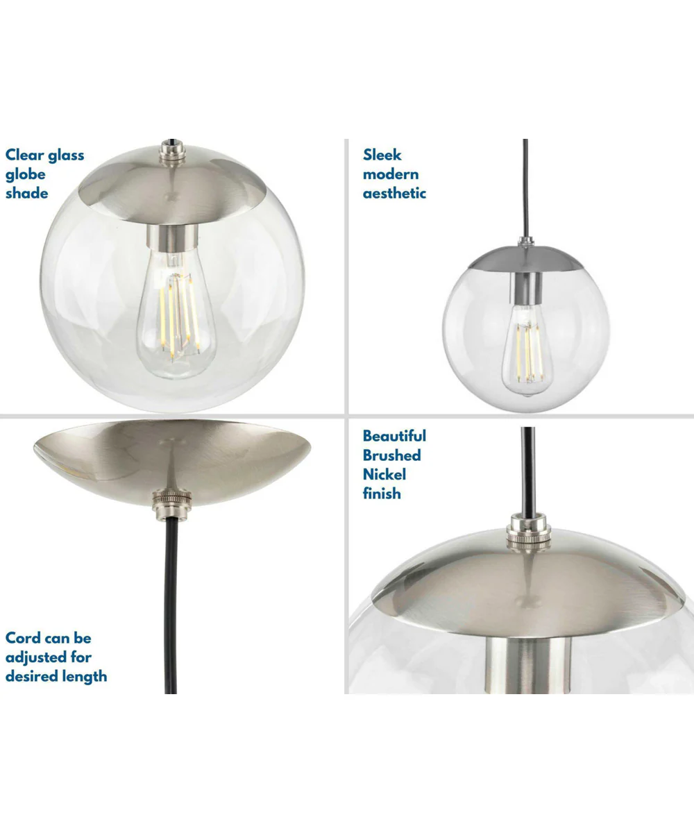Atwell 8-inch Clear Glass Globe Small Hanging Pendant Light Brushed Nickel - Image 6