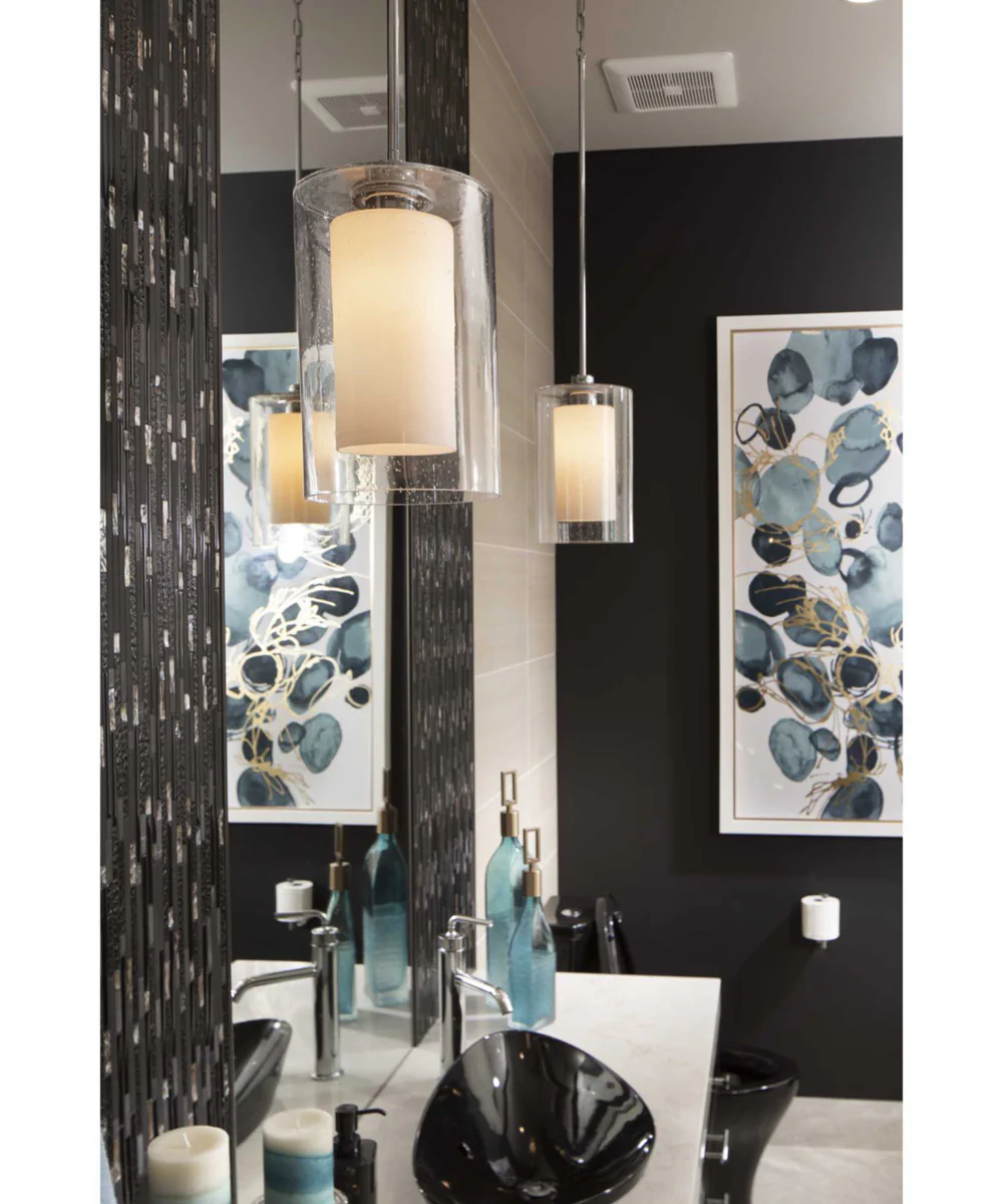 Double Glass 1-Light Etched White Inside/Seeded Glass Outside Glass Farmhouse Pendant Light Polished Chrome - Image 3