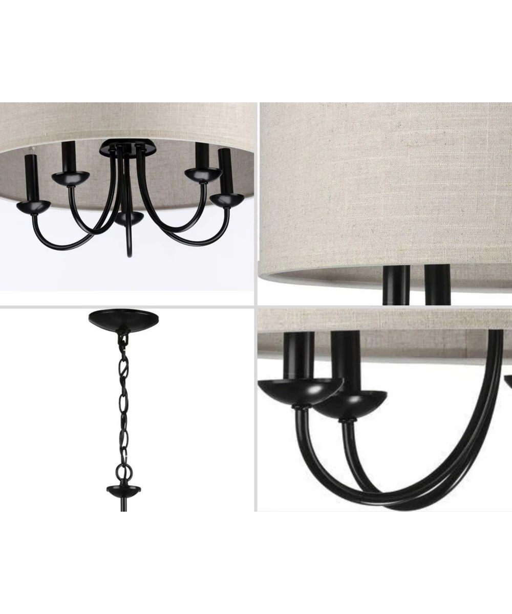 Drum Shade 5-Light Harvest Linen Shade Farmhouse Chandelier Light Matte Black - Image 9