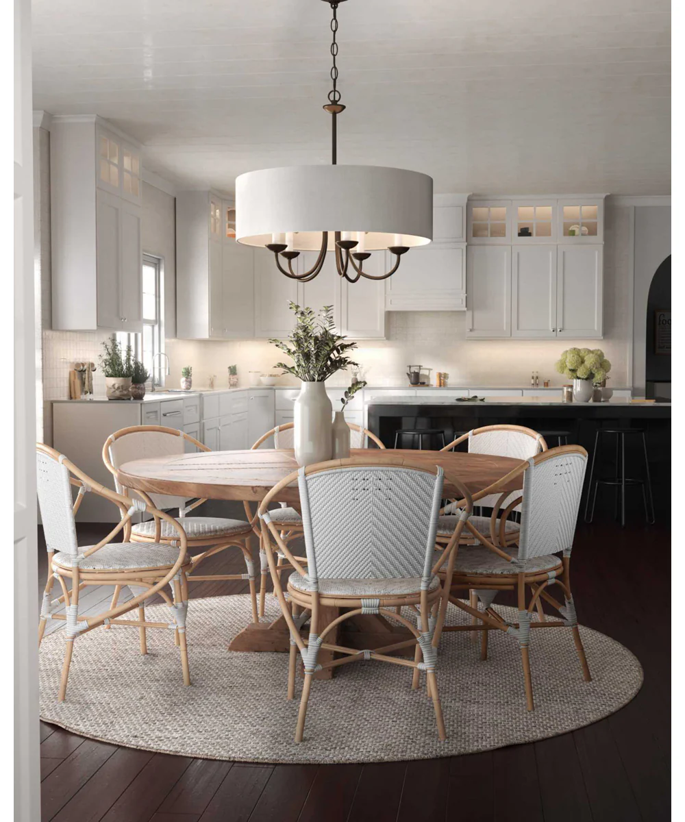 Drum Shade 5-Light White Textured Linen Shade Farmhouse Chandelier Light Antique Bronze - Image 2
