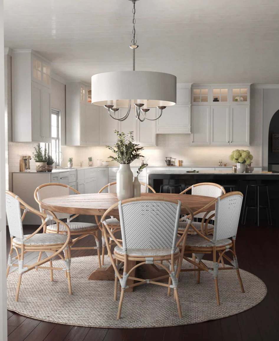 Drum Shade 5-Light White Textured Linen Shade Farmhouse Chandelier Light Brushed Nickel - Image 10