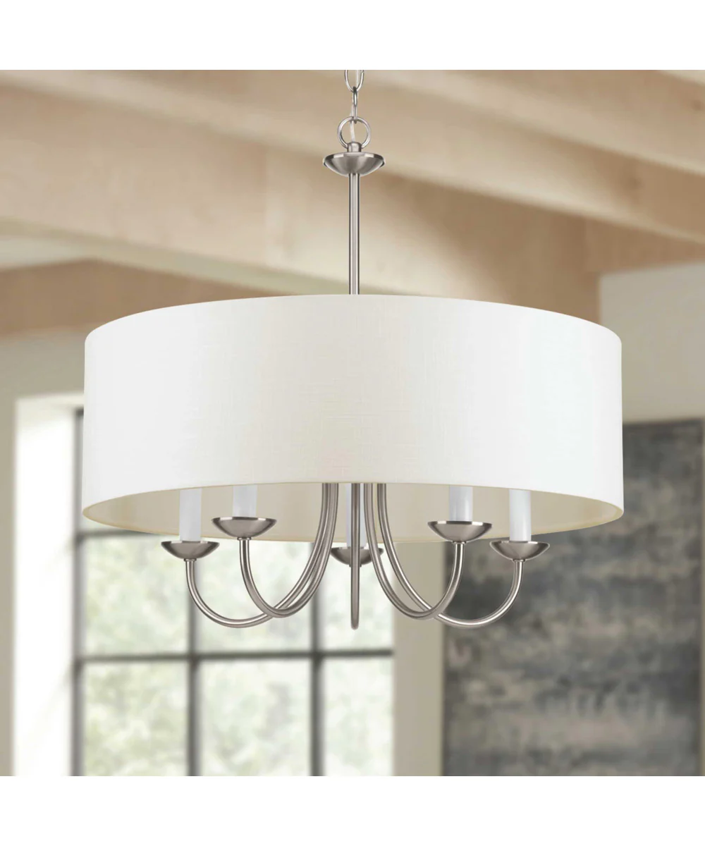 Drum Shade 5-Light White Textured Linen Shade Farmhouse Chandelier Light Brushed Nickel - Image 3