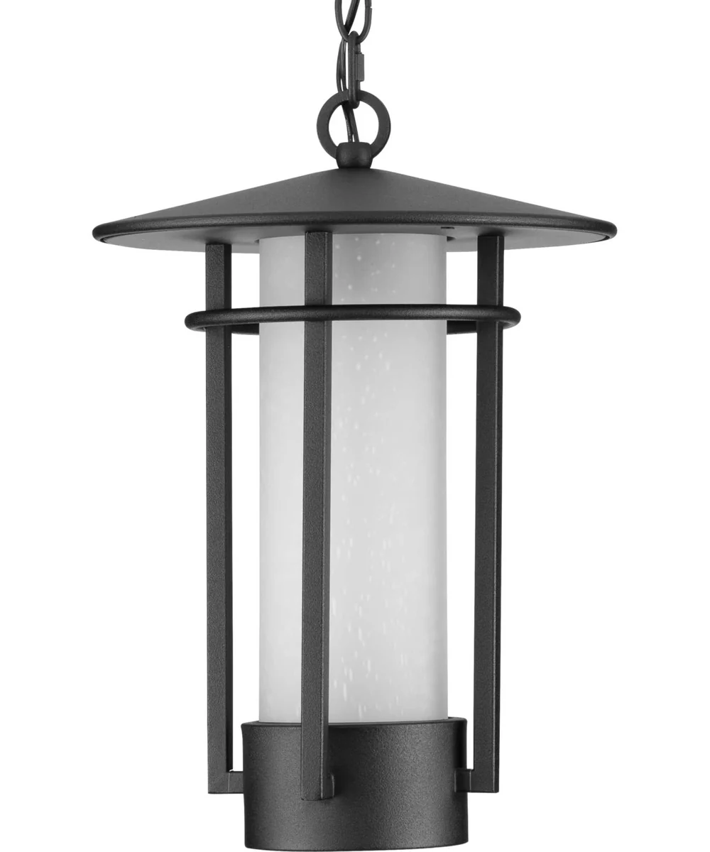 Exton 1-Light Etched Seeded Glass Modern Style Outdoor Hanging Pendant Lantern Textured Black