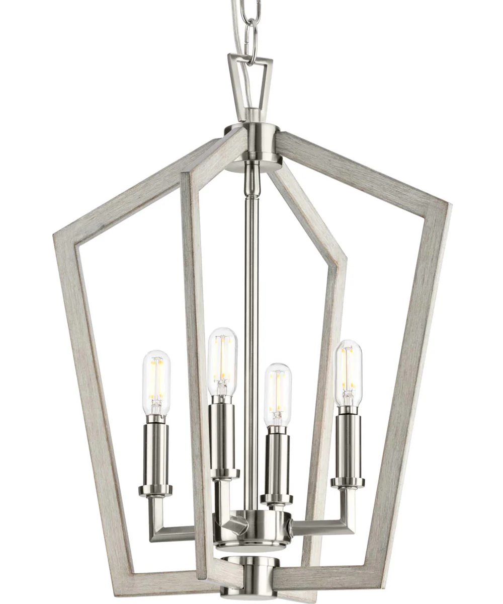 Galloway 4-Light 18" Modern Farmhouse Foyer Light with Grey Washed Oak Accents Brushed Nickel