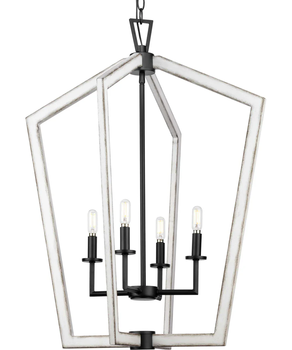 Galloway 4-Light 30" Modern Farmhouse Foyer Light with Distressed White Accents for Matte Black