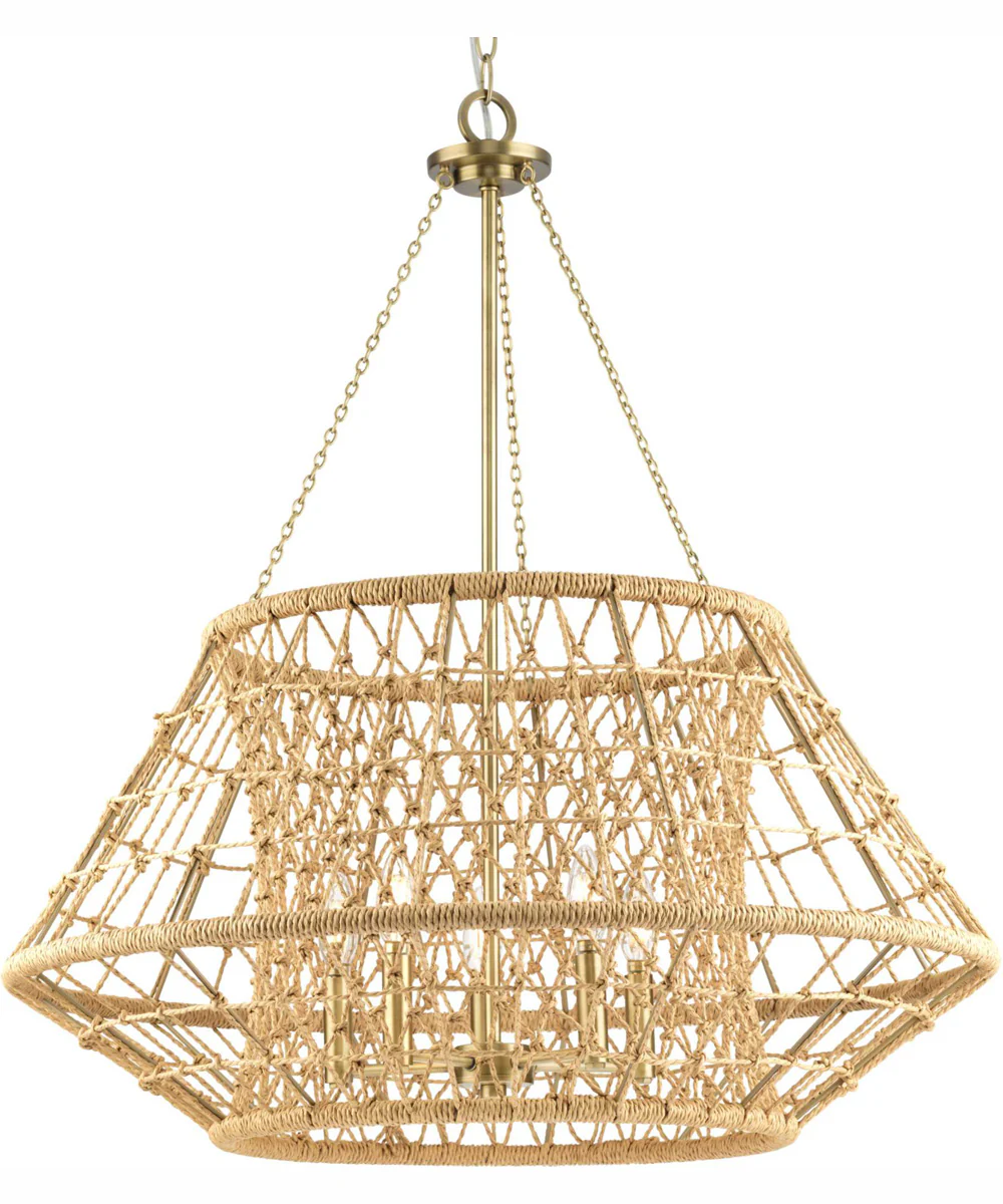 Laila 5-Light Coastal Chandelier with Woven Jute Accents Vintage Brass
