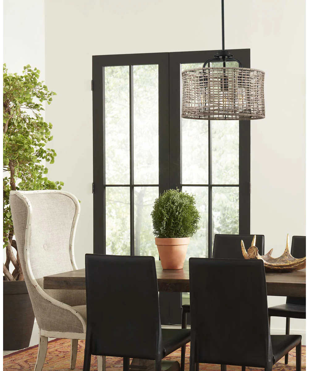 Lavelle 3-Light Mocha finish Rattan Convertible Semi-Flush Ceiling or Hanging Pendant Light Matte Black - Image 2