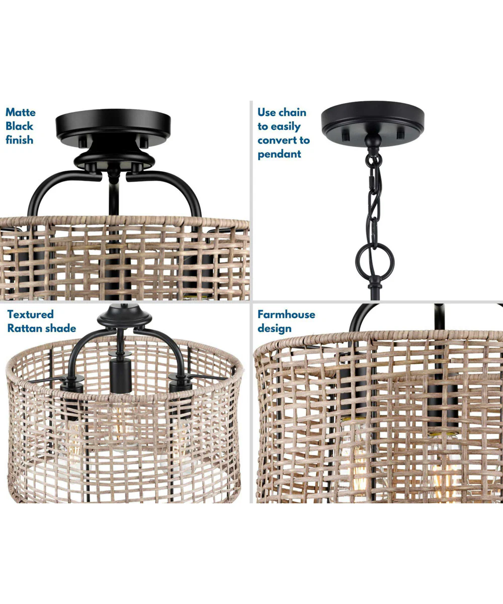 Lavelle 3-Light Mocha finish Rattan Convertible Semi-Flush Ceiling or Hanging Pendant Light Matte Black - Image 6