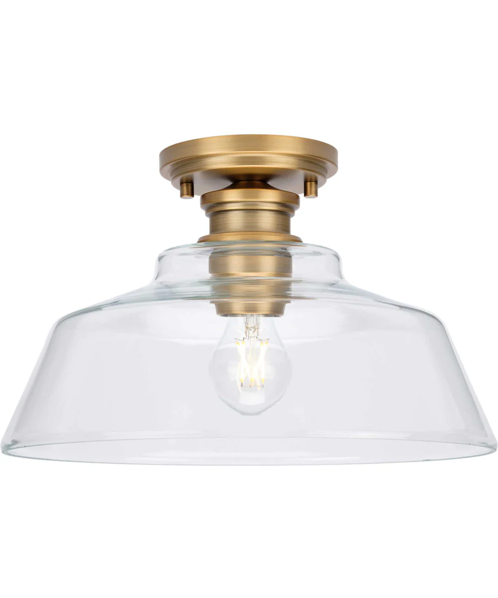 Singleton 1-Light 14" Farmhouse Medium Semi-Flush Mount Light with Clear Glass Shade Vintage Brass