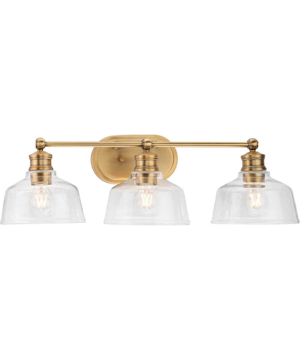Singleton 3-Light 26.5" Farmhouse Vanity Light with Clear Glass Shades Vintage Brass