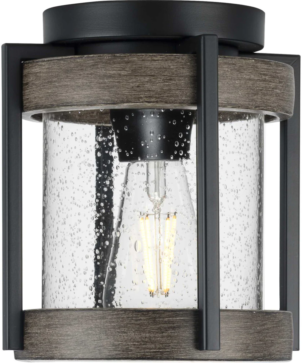 Whitmire  1-Light with Aged Oak Accents Clear Seeded Glass Farmhouse Outdoor Ceiling Mount Light Matte Black - Image 6