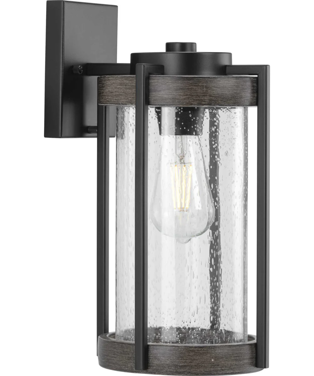 Whitmire  1-Light with Aged Oak Accents Clear Seeded Glass Farmhouse Outdoor Wall Lantern Light Matte Black - Image 10