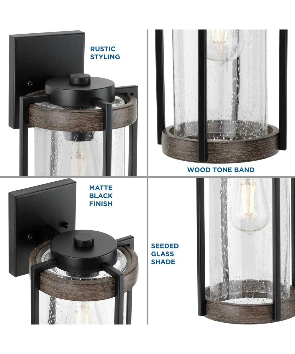 Whitmire  1-Light with Aged Oak Accents Clear Seeded Glass Farmhouse Outdoor Wall Lantern Light Matte Black - Image 7