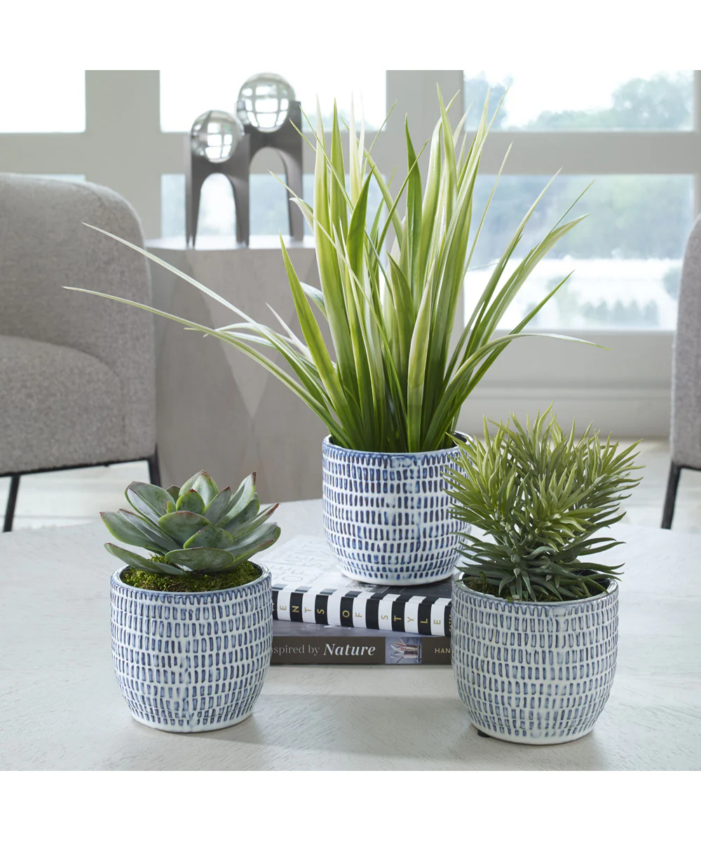 Puebla Greenery In Blue & White Pots, Set of 3 - Image 2