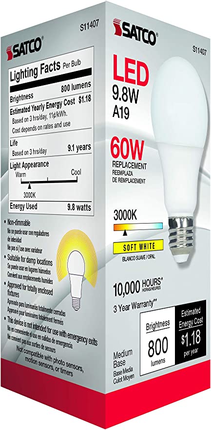 Satco LED A19 Medium 10 watt 120V 3000K Light Bulb =60W - Image 2
