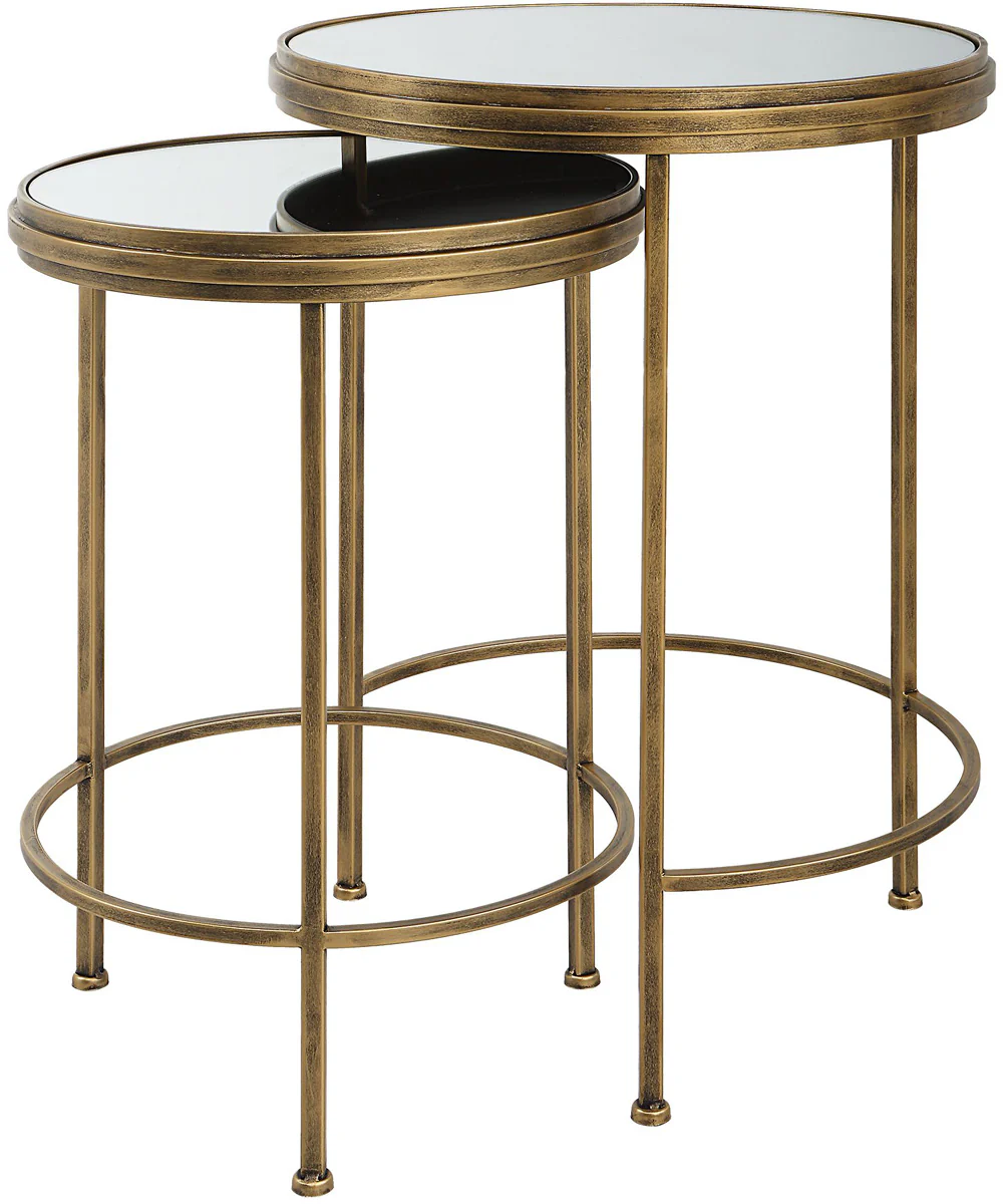 Set of 2 Nesting Tables with Mirror in Antique Brushed Gold - Image 3