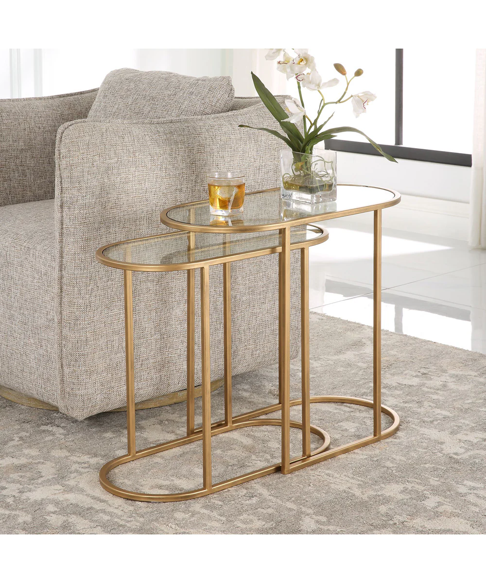 Set of Two Iron Nesting Tables in Antique Brushed Brass - Image 2