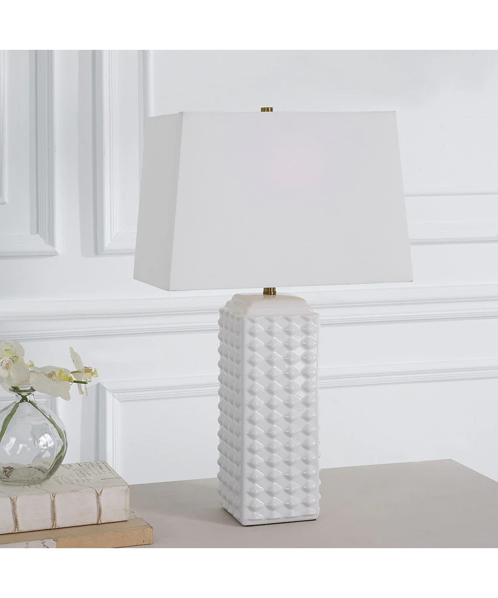 Square Ceramic Table Lamp with Diamond Knobs and White Linen - Image 2
