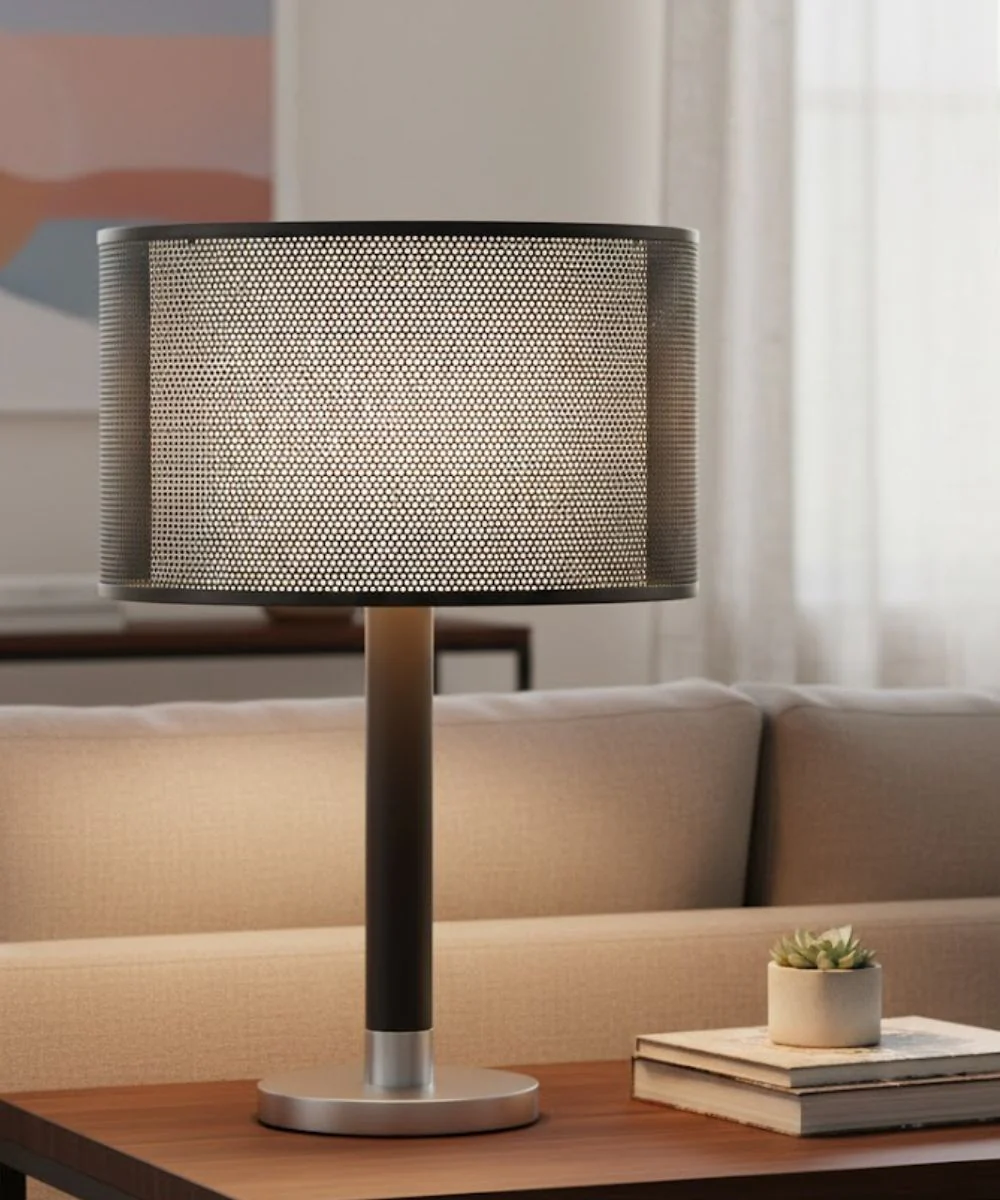 20x20x11 Perforated Metal ORB/White Linen Double Drum Hardback Lampshade - Image 2