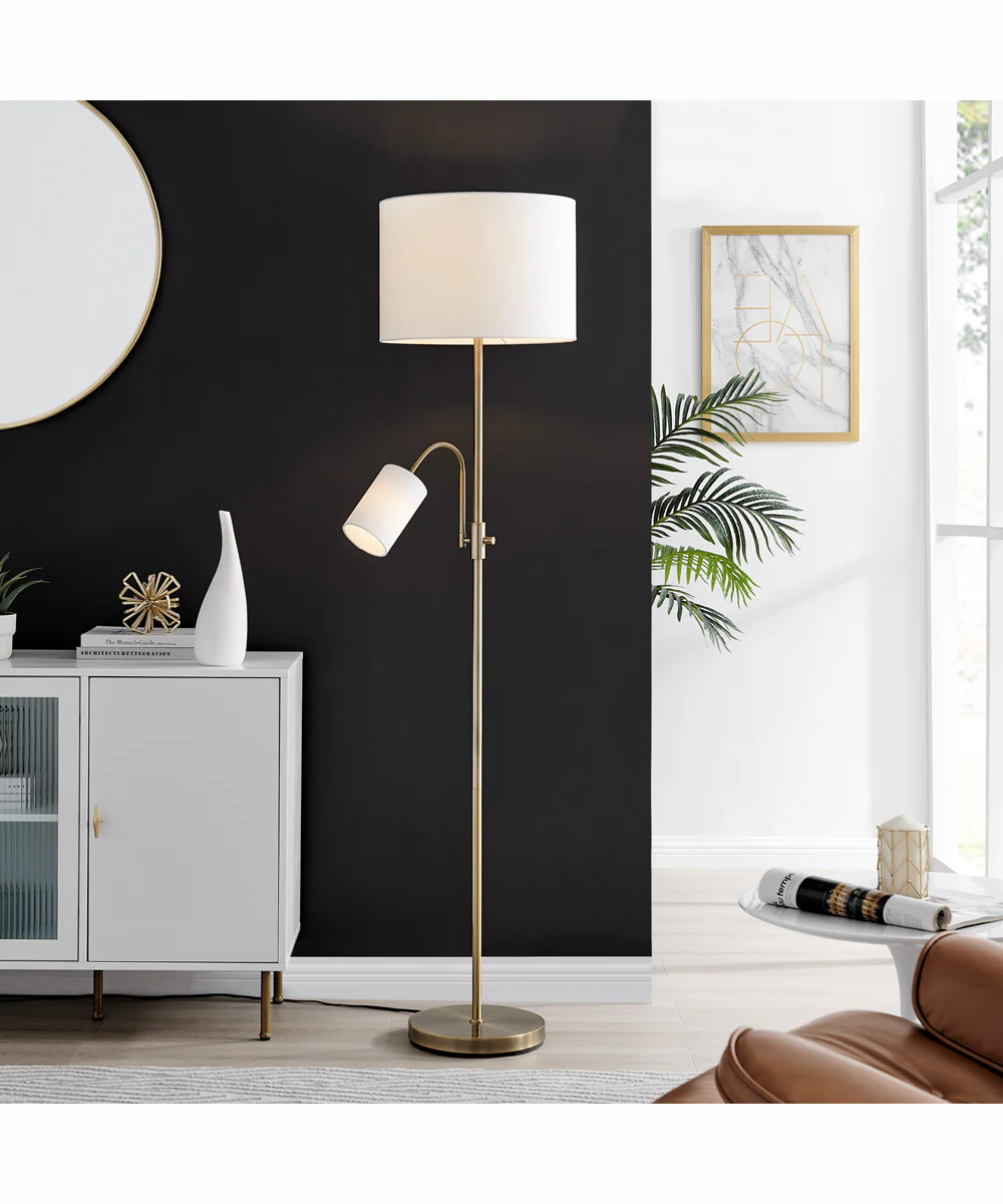 Tayvon 1-Light Floor/Reading Combo Lamp Antique Brass/White Fabric Shade - Image 3