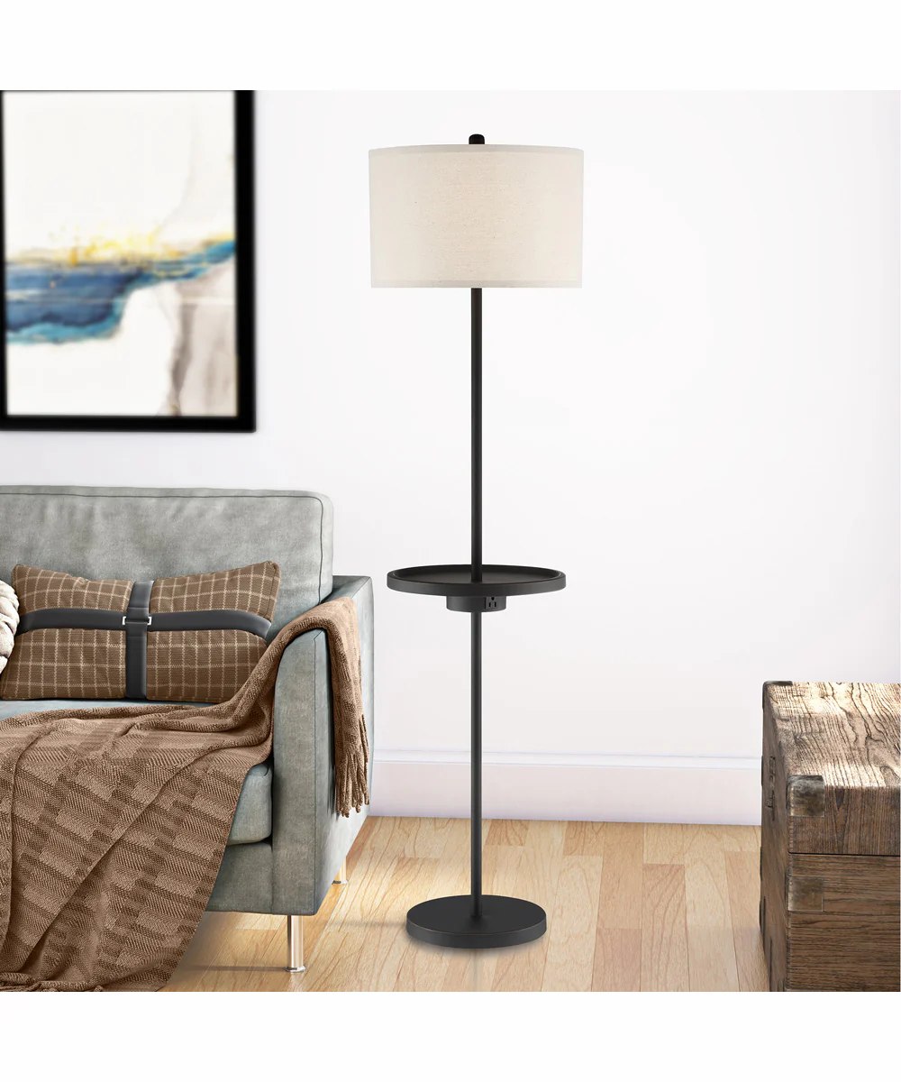 Tungsten 1-Light Floor Lamp With Tray Dark Brz/Linen Shade - Image 3