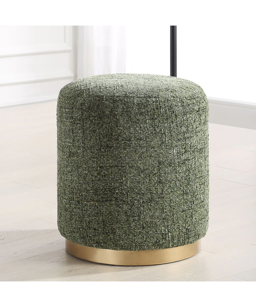 Upholstered Ottoman in Antique Brushed Brass and Textured Chenille - Image 2