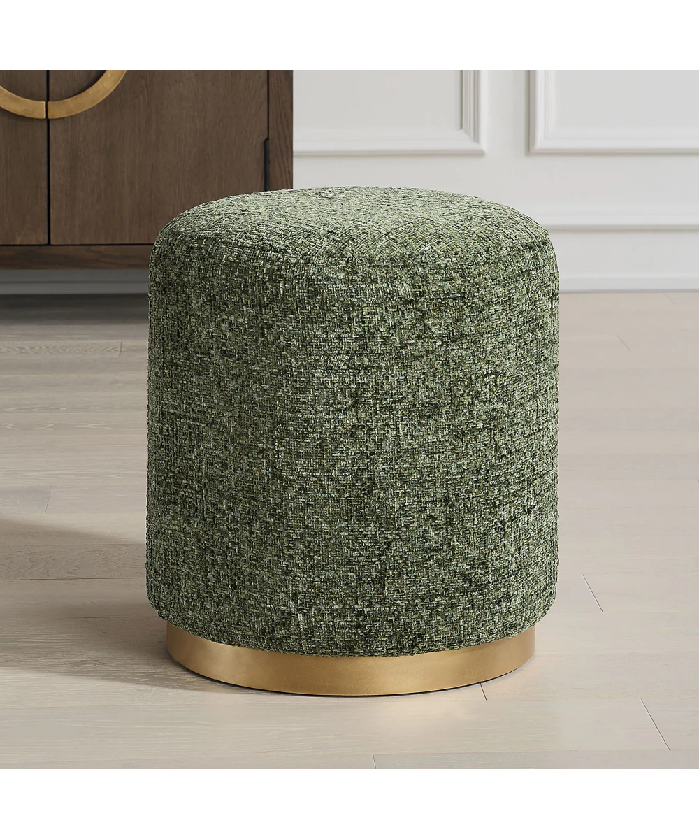 Upholstered Ottoman in Antique Brushed Brass and Textured Chenille - Image 3