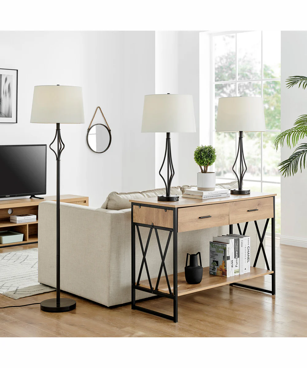 Yaella 1-Light 3Pcs Floor & Table Lamp Set D. Bronze/Fabric - Image 4